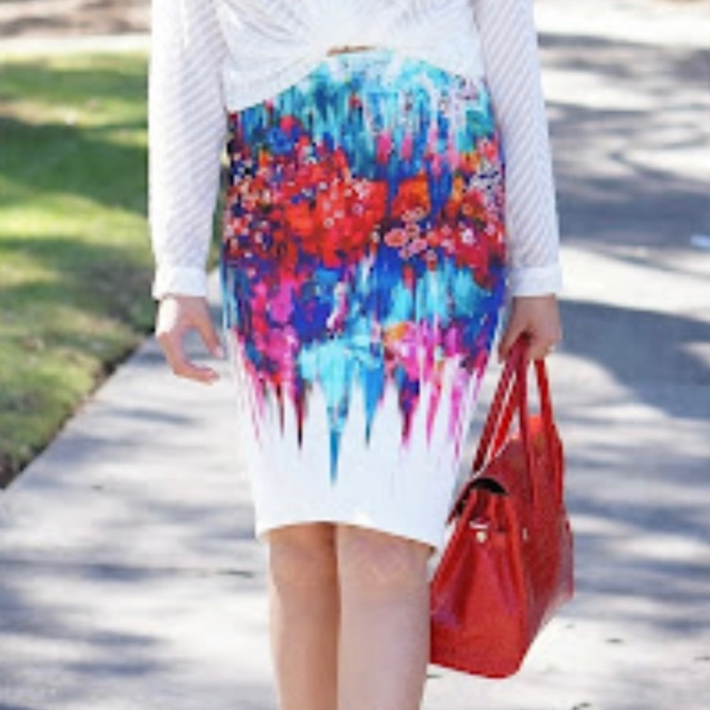 Bisou Bisou Bright Multicolored A-line Fitted Skirt Size S